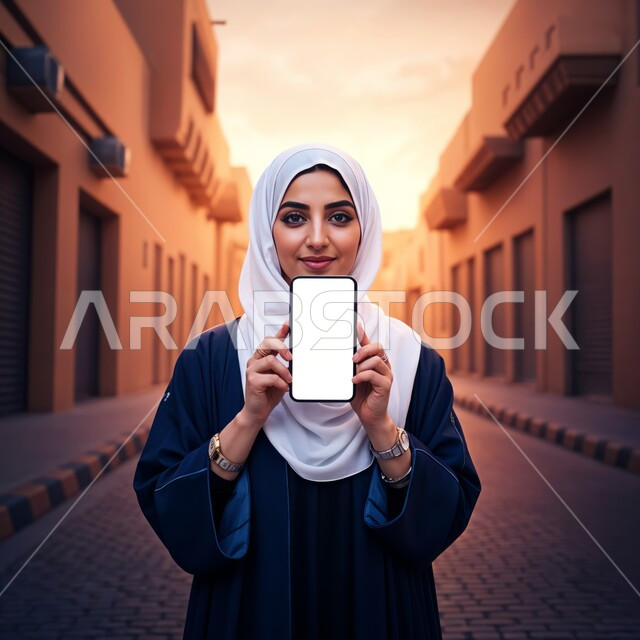 Mockup on modern technical devices, a veiled Saudi Arabian Gulf woman wearing a colorful abaya holding a mobile phone with a blank white screen, displaying mobile phone applications and services, looking at the camera with gestures of self-confidence