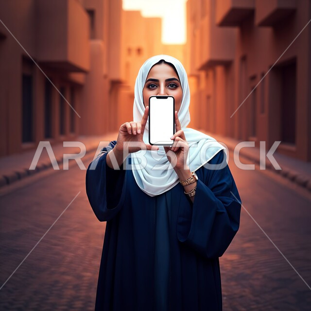 موك أب على الاجهزة التقنية الحديثة، امرأة عربية خليجية سعودية محجبة ترتدي عباءة ملونة تحمل بيدها جهاز الجوال بشاشة بيضاء فارغه، عرض تطبيقات وخدمات الهاتف المحمول، النظر الى الكاميرا بايماءات الثقة بالنفس