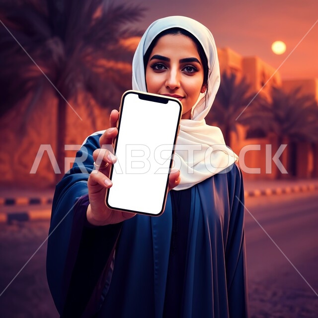 النظر الى الكاميرا بايماءات الثقة بالنفس، موك أب على الاجهزة التقنية الحديثة، صورة مقربة لامرأة عربية خليجية سعودية محجبة ترتدي عباءة ملونة تحمل بيدها جهاز الجوال بشاشة بيضاء فارغه، عرض تطبيقات وخدمات الهاتف المحمول