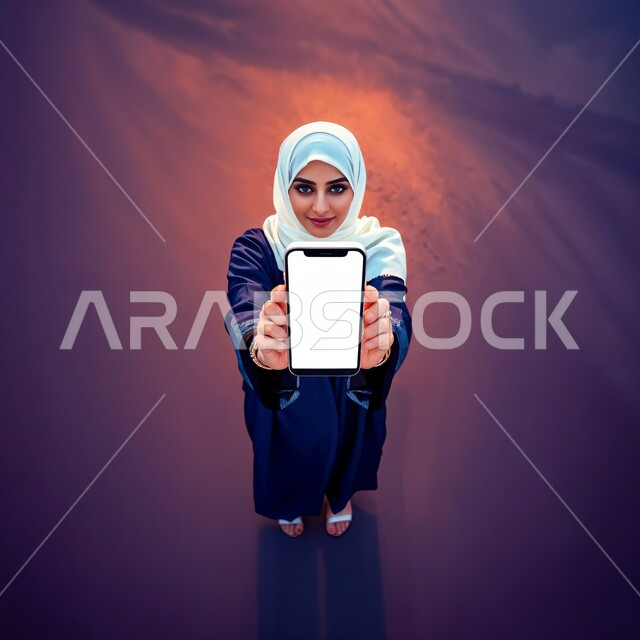 Mockup on modern technical devices, a veiled Saudi Arabian Gulf woman wearing a colorful abaya holding a mobile phone with a blank white screen, displaying mobile phone applications and services, looking at the camera with gestures of self-confidence