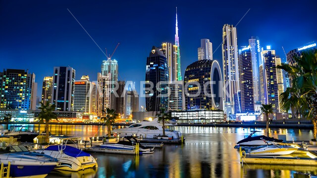 الفن الهندسي المعماري للأبراج وناطحات السحاب, برج خليفة في مدينة دبي ليلاً, جذب واستقطاب السياح من انحاء العالم, النمو والتطور العمراني على ساحل الخليج العربي، الواجهة السياحية في الامارات العربية المتحدة