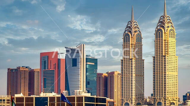 The urban development and growth of buildings and commercial establishments, attracting and attracting tourists from all over the world, the Address Hotel in the Emirate of Dubai in the United Arab Emirates, the architectural engineering art of towers and skyscrapers, famous tourist attractions and places.