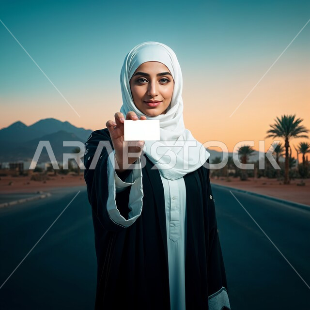 Explaining the importance of personal identity, displaying a blank rectangular card, white mockup, looking at the camera with self-confident gestures, advertising cards and marketing offers, veiled Saudi Arabian Gulf woman wearing an abaya holding an identification card in her hand