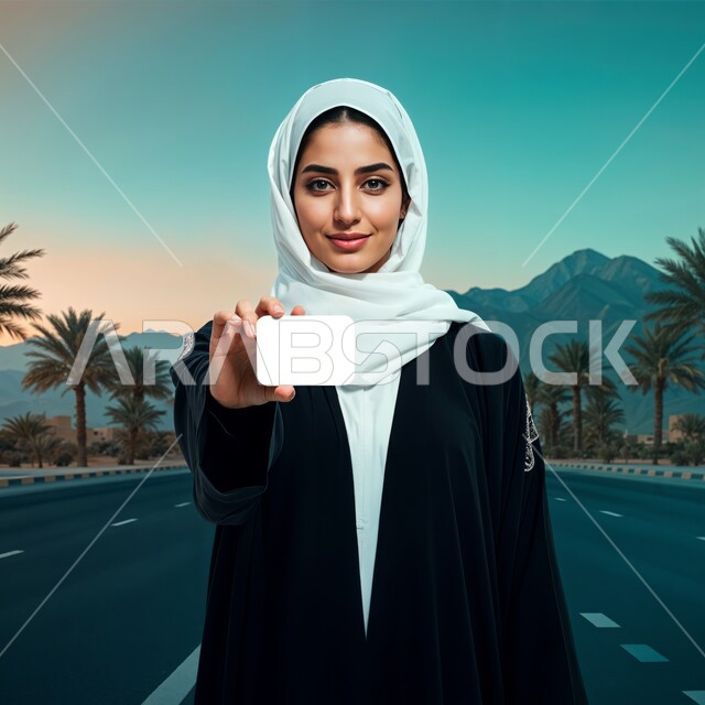 Empty rectangular card display, white mockup, looking at camera with confident gestures, advertising cards and marketing offers, veiled Saudi Arabian Gulf woman wearing abaya holding ID card in hand, explaining the importance of personal identity