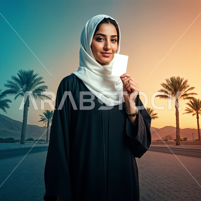 موك أب أبيض، النظر إلى الكاميرا بايماءات الثقة بالنفس، كروت إعلانات وعروض تسويقية, إمرأة عربية خليجية سعودية محجبة ترتدي العباءة تمسك بيدها بطاقة تعريفية، توضيح أهمية الهوية الشخصية، عرض كرت فارغ مستطيل الشكل
