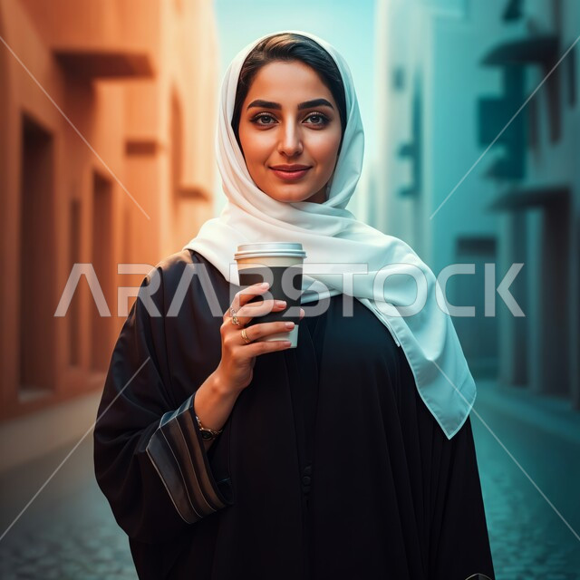 قضاء وقت ممتع خارج المنزل, تعديل المزاج بتناول الكافيين, الاستمتاع بالمشروبات الدافئة، صورة مقربه لسيدة عربية خليجية سعودية العباءة تمسك بيدها كوب ورقي من القهوة