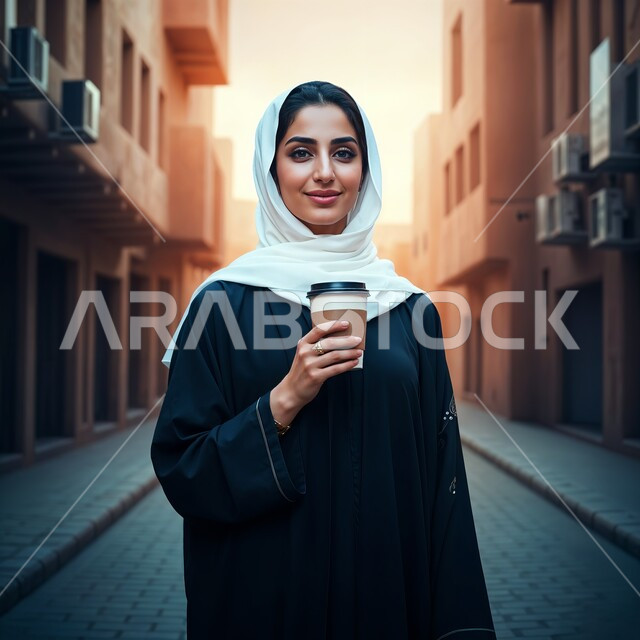 قضاء وقت ممتع بشرب القهوة في الخارج, صورة مقربة لشابة عربية خليجية سعودية مبتسمة ترتدي العباءة السوداء تنظر إلى الكاميرا, تعديل المزاج بتناول الكافيين, الوقوف ببشاشة وسرور في إحدى المناطق العامة في المملكة العربية السعودية