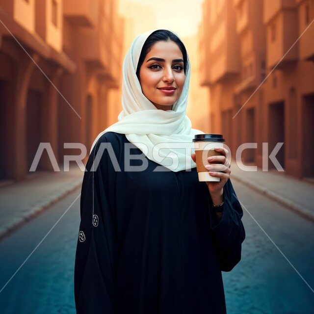تعديل المزاج بتناول الكافيين, الوقوف ببشاشة وسرور في إحدى المناطق العامة في المملكة العربية السعودية, قضاء وقت ممتع بشرب القهوة في الخارج, صورة مقربة لشابة عربية خليجية سعودية مبتسمة ترتدي العباءة السوداء تنظر إلى الكاميرا