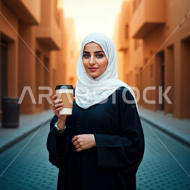 Standing cheerfully and happily in a public area in Saudi Arabia, having a good time drinking coffee outside, close-up of smiling young Saudi Arabian Gulf Arab woman wearing black abaya looking at camera, mood boosting caffeine intake