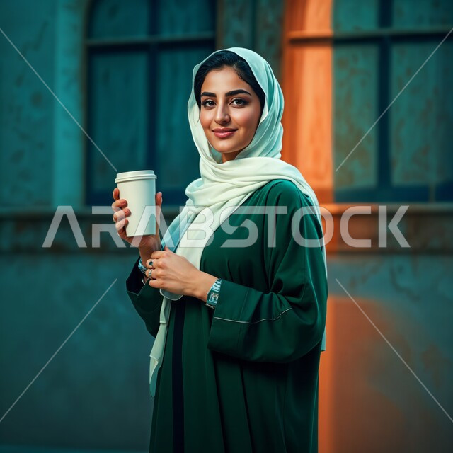 مفهوم الأناقة والاهتمام بالمظهر الخارجي، تعديل المزاج بشرب الكافيين, الاستمتاع باحتساء المشروب المفضل، سيدة عربية خليجية سعودية مبتسمة ترتدي العباءة تمسك بيدها كوب من القهوة تنظر الى الكاميرا بإيماءات السرور