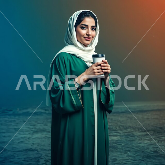 The concept of elegance and interest in appearance, adjusting the mood by drinking caffeine, enjoying drinking a favorite drink, a smiling Saudi Arabian Gulf woman wearing an abaya holding a cup of coffee in her hand, looking at the camera with gestures of pleasure, colorful background