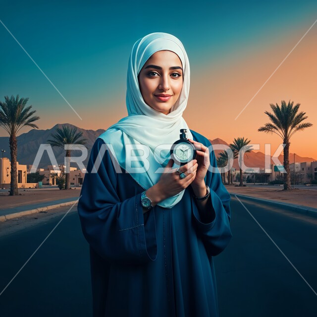 مفهوم ادارة الوقت, تنظيم الجدول الزمني, اداراك قيمة اللحظات الثمينة, صورة مقربة لشابة عربية خليجية سعودية محجبة ترتدي العباءة تمسك بيدها الساعة وتنظر إلى الكاميرا بإيماءات السرور والثقة بالنفس