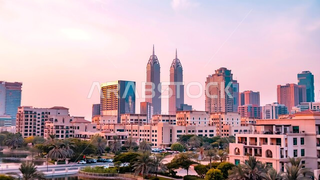 النمو والتقدم العمراني الاماراتي, الفن الهندسي المعماري على الطراز الحديث والمتطور لبناء الأبراج وناطحات السحاب في الامارات العربية المتحدة, الواجهة السياحية على ساحل الخليج العربي وقت غروب الشمس, مناطق جذب واستقطاب السياح من شتى أنحاء العالم