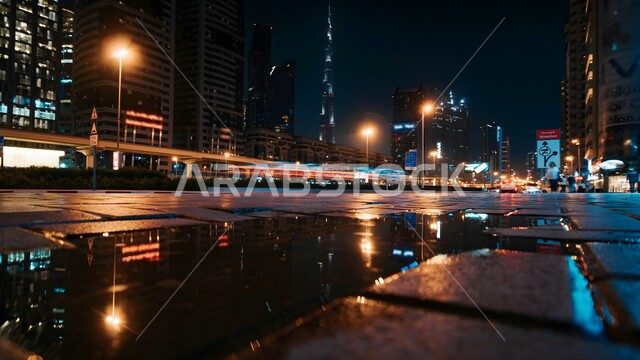 الفن الهندسي المعماري لبناء الابراج وناطحات السحاب المضيئة ليلا على الطراز الحديث المتطور، النمو والتقدم العمراني في الامارات العربية المتحدة، النقل البحري على مرسى دبي، ميناء ومرفأ يخوت فاخرة، الواجهة البحرية في الخليج العربي، أماكن سياحية لجذب السياح، كورنيش القناة في الليل