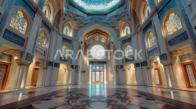 النقوش والزخارف للاعمدة والاقواس على الطراز الاسلامي، ممر متحف الشارقة للحضارة الإسلامية في الامارات العربية المتحدة، التصاميم والديكورات الداخلية الأنيقة للمتاحف،  وجهة ثقافية أثرية بارزة، اماكن دينية تاريخية 