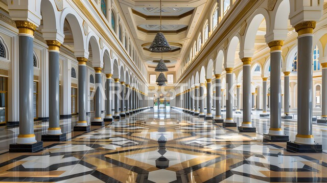 النقوش والزخارف للاعمدة والاقواس على الطراز الاسلامي، ممر متحف الشارقة للحضارة الإسلامية في الامارات العربية المتحدة، التصاميم والديكورات الداخلية الأنيقة للمتاحف،  وجهة ثقافية أثرية بارزة، اماكن دينية تاريخية 