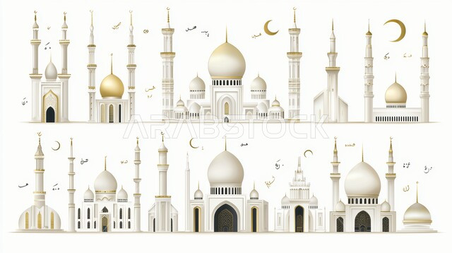 مفهوم العبادة والطاعة والتقرب إلى الله، دعوة المسلمين لأداء الصلاة، رسوم توضيحية للقبب والمآذن على الطراز الإسلامي، ديكورات وتصاميم خارجية للمساجد باللون الابيض في المملكة العربية السعودية، هلال رمضان المبارك، أماكن دينيه مقدسة، أعياد ومناسبات إسلامية، الاحتفال بقدوم شهر الخير