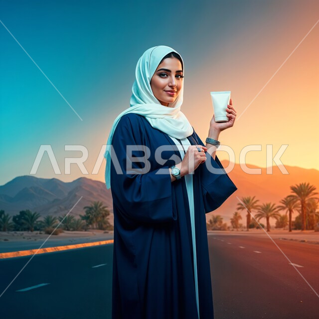 استخدام مكونات تجميلية نسائية، مفهوم العناية والإهتمام بنضارة وتحسين البشرة، ترطيب وتنظيف وتفتيح الجلد, شابة عربية خليجية سعودية ترتدي العباءة تمسك بيدها عبوة الكريم, النظر إلى الكاميرا بإيماءات الثقة