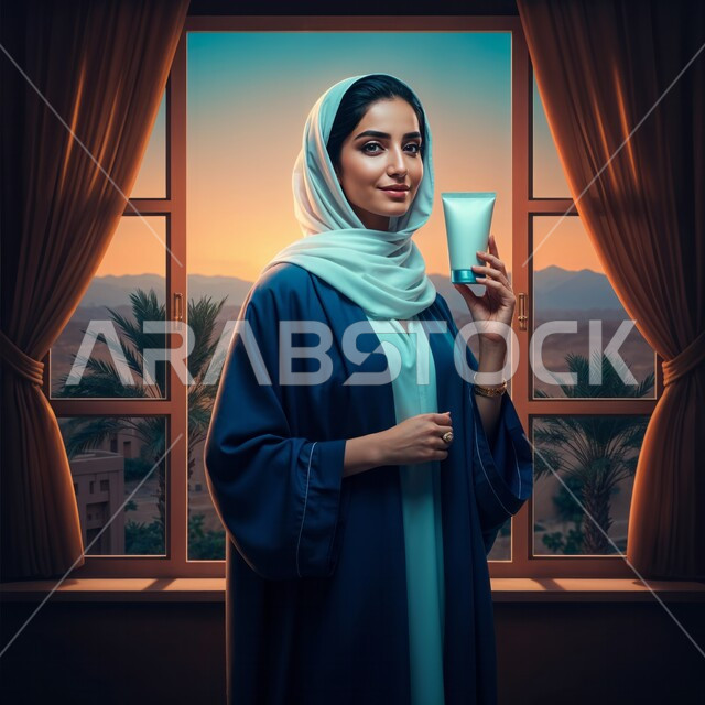 استخدام مكونات تجميلية نسائية، مفهوم العناية والإهتمام بنضارة وتحسين البشرة، ترطيب وتنظيف وتفتيح الجلد, شابة عربية خليجية سعودية ترتدي العباءة تمسك بيدها عبوة الكريم, النظر إلى الكاميرا بإيماءات الثقة