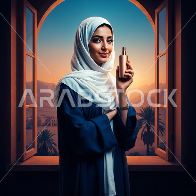  استخدام الزيوت العطرية الطبيعية, العروض الإعلانية التسويقية لبراندات الميكاب والعطور، أزياء نسائية عصرية للمحجبات, مفهوم الاناقة والاهتمام بالمظهر الخارجي, شابة عربية خليجية سعودية ترتدي العباءة تحمل بيدها زجاجة العطر, التسويق لمنتجات العطور الخليجية