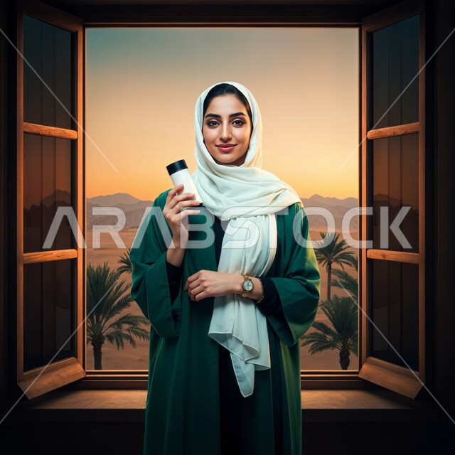 العروض الإعلانية التسويقية لبراندات الميكاب والعطور، أزياء نسائية عصرية للمحجبات, مفهوم الاناقة والاهتمام بالمظهر الخارجي, شابة عربية خليجية سعودية ترتدي العباءة تحمل بيدها زجاجة العطر, التسويق لمنتجات العطور الخليجية, استخدام الزيوت العطرية الطبيعية