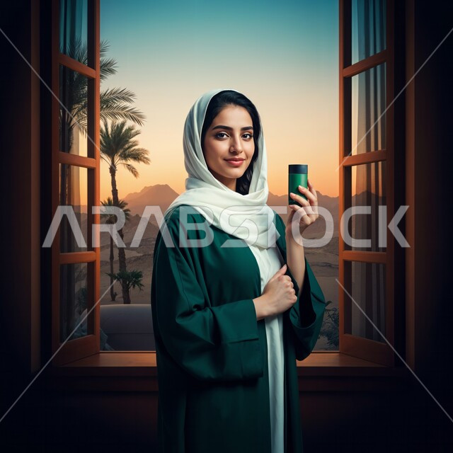 العروض الإعلانية التسويقية لبراندات الميكاب والعطور، أزياء نسائية عصرية للمحجبات, مفهوم الاناقة والاهتمام بالمظهر الخارجي, شابة عربية خليجية سعودية ترتدي العباءة تحمل بيدها زجاجة العطر, التسويق لمنتجات العطور الخليجية, استخدام الزيوت العطرية الطبيعية