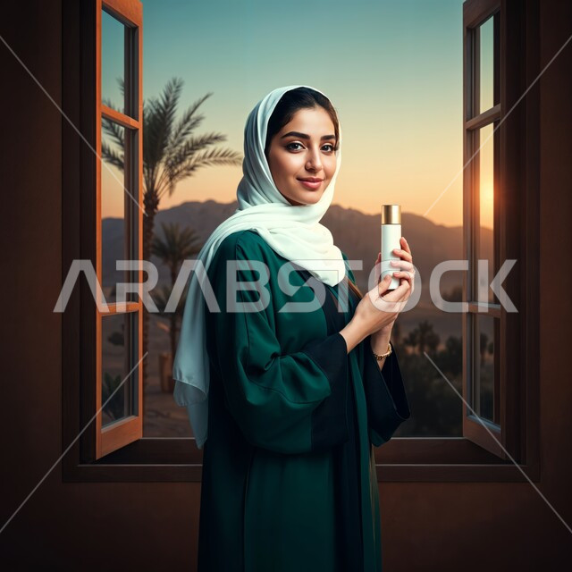 عطورات خليجية سعودية, مفهوم الاناقة والاهتمام بالمظهر الخارجي, شابة عربية خليجية سعودية ترتدي العباءة تحمل بيدها زجاجة العطر, التسويق لمنتجات العطور, استخدام الزيوت العطرية الطبيعية