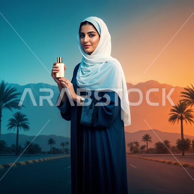 مفهوم الاناقة والاهتمام بالمظهر الخارجي, شابة عربية خليجية سعودية ترتدي العباءة تحمل بيدها زجاجة العطر, التسويق لمنتجات العطور, استخدام الزيوت العطرية الطبيعية, عطورات خليجية سعودية