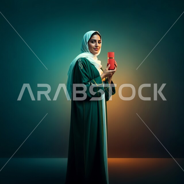عطورات خليجية سعودية, مفهوم الاناقة والاهتمام بالمظهر الخارجي, شابة عربية خليجية سعودية ترتدي العباءة تحمل بيدها زجاجة العطر, التسويق لمنتجات العطور, استخدام الزيوت العطرية الطبيعية