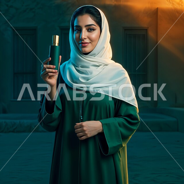 استخدام الزيوت العطرية الطبيعية, عطورات خليجية سعودية, مفهوم الاناقة والاهتمام بالمظهر الخارجي, شابة عربية خليجية سعودية ترتدي العباءة تحمل بيدها زجاجة العطر, التسويق لمنتجات العطور