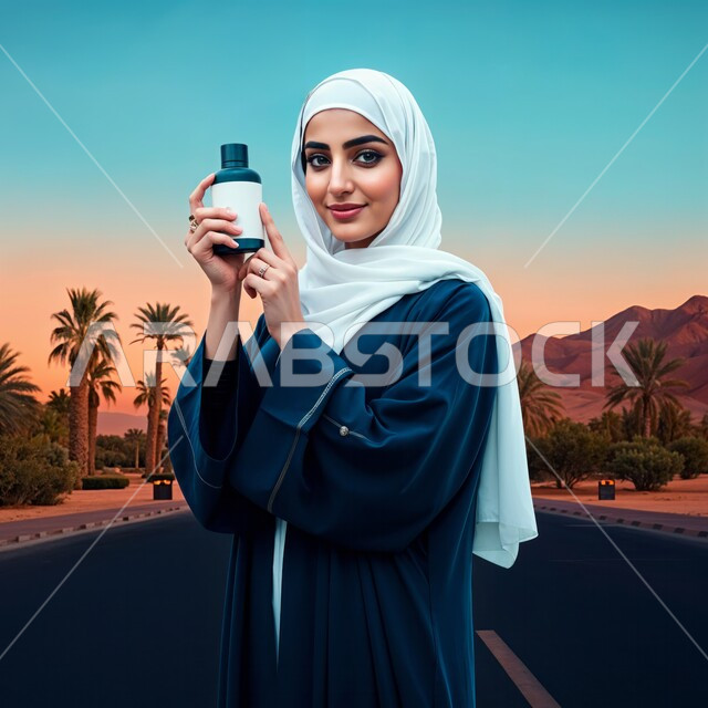 The concept of elegance and interest in external appearance, a young Saudi Arabian Gulf woman wearing an abaya holding a bottle of perfume in her hand, marketing Gulf perfume products, using natural aromatic oils, marketing advertising offers for makeup and perfume brands, modern women's fashion for veiled women