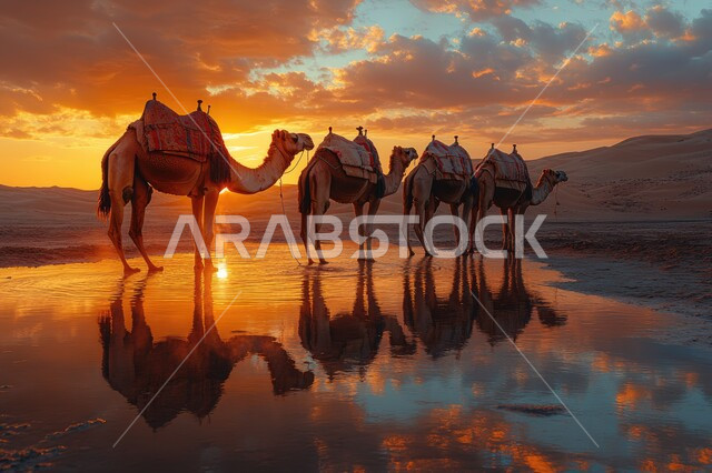 محميات طبيعية للعناية بالنوق الأصيلة، مجموعة من الجمال تسير فوق المياه في الصحراء، منظر السماء المليئة بالسحب وقت غروب الشمس، استخدام الإبل في التنقل في صحارى المملكة العربية السعودية، الرمال الذهبية الناعمة والتلال الرملية