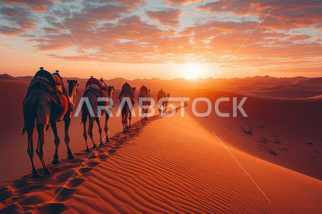 استخدام الإبل في التنقل في صحارى المملكة العربية السعودية، الرمال الذهبية الناعمة والتلال الرملية، محميات طبيعية للعناية بالنوق الأصيلة، مجموعة من الجمال تسير فوق الكثبان الرملية في الصحراء، منظر السماء المليئة بالسحب وقت غروب الشمس