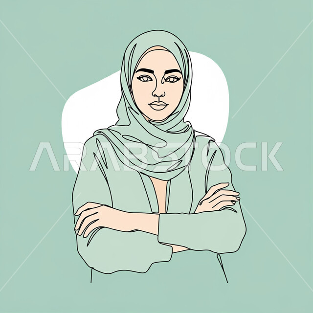 The concept of elegance, softness and interest in external appearance, a sketch of an Arab Gulf Omani woman wearing a green hijab standing with crossed hands gestures, looking at the camera with expressions of happiness and self-confidence, Omani Youth Day October 26, white caliphate
