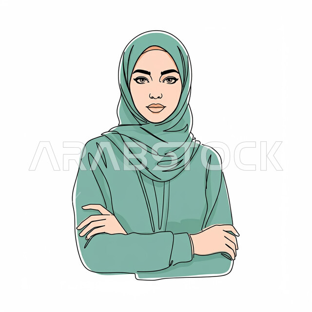 مفهوم الأناقة والنعومة والاهتمام بالمظهر الخارجي، رسم تخطيطي لامرأة عربية خليجية عمانية ترتدي الحجاب الاخضر تقف بإيماءات أيدي متقاطعة، النظر إلى الكاميرا بتعابير السعادة والثقة بالنفس، يوم الشباب العماني 26 اكتوبر، خليفة بيضاء