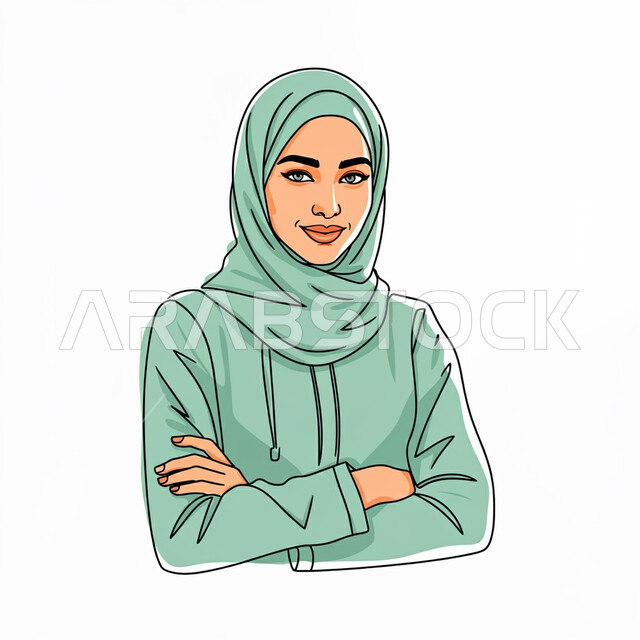 مفهوم الأناقة والنعومة والاهتمام بالمظهر الخارجي، رسم تخطيطي لامرأة عربية خليجية عمانية ترتدي الحجاب الاخضر تقف بإيماءات أيدي متقاطعة، النظر إلى الكاميرا بتعابير السعادة والثقة بالنفس، يوم الشباب العماني 26 اكتوبر، خليفة بيضاء