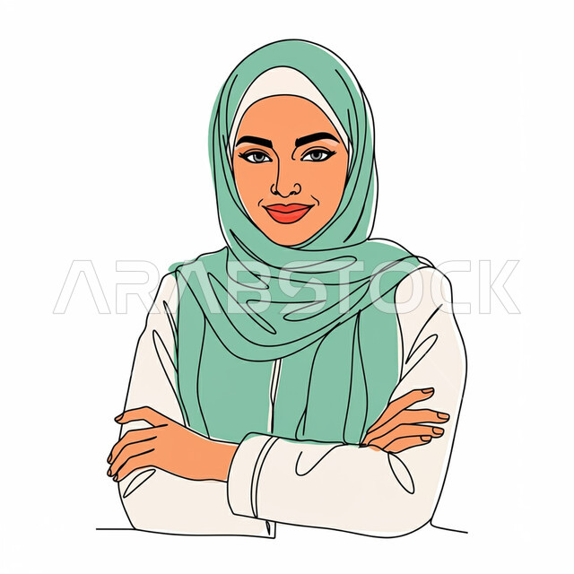مفهوم الأناقة والنعومة والاهتمام بالمظهر الخارجي، رسم تخطيطي لامرأة عربية خليجية عمانية ترتدي الحجاب الاخضر تقف بإيماءات أيدي متقاطعة، النظر إلى الكاميرا بتعابير السعادة والثقة بالنفس، يوم الشباب العماني 26 اكتوبر، خليفة بيضاء