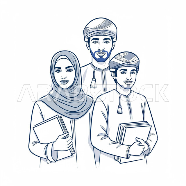 يوم الشباب العالمي العماني ٢٦ أكتوبر، رسم تخطيطي لشباب وشابات عرب خليجيون عمانيون يقفون بإستقامة يحملون بيدهما الكتب ،النظر الى  الكاميرا بتعابير الفخر والسرور، مناسبات واعياد سنوية، مفهوم التثقف والتثقيف، خلفية بيضاء