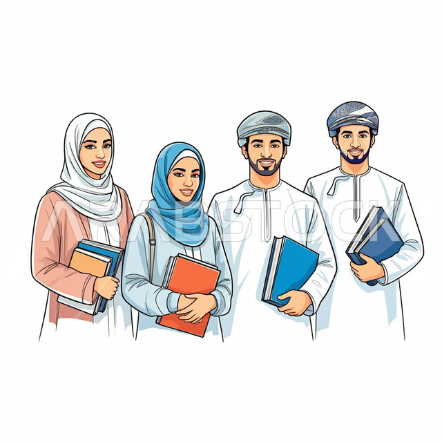 يوم الشباب العالمي العماني ٢٦ أكتوبر، رسم تخطيطي لشباب وشابات عرب خليجيون عمانيون يقفون بإستقامة يحملون بيدهما الكتب ،النظر الى  الكاميرا بتعابير الفخر والسرور، مناسبات واعياد سنوية، مفهوم التثقف والتثقيف، خلفية بيضاء