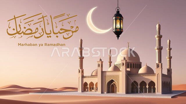 Welcome Ramadan manuscript in original Arabic calligraphy, phrases and texts welcoming the holy month in the Arabic language, a decorated Ramadan greeting card with a luminous metal lantern and the crescent moon next to a white mosque, Islamic religious occasions and holidays