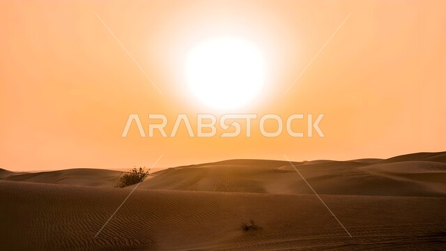 منظر غروب الشمس على الرمال الذهبية الناعمة في الصحراء، الكثبان الذهبية الناعمة والتضاريس الطبيعية في المملكة العربية السعودية، التكوينات والتشكلات الرملية في الصحاري، الجو القاسي والجاف في الأراضي القاحلة، خلفية الطبيعة