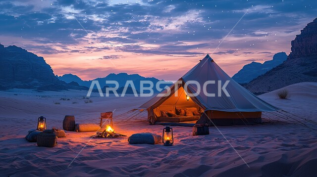 أماكن المغامرات والكشتات البرية، أجواء التخييم الشبابية الممتعه، خيام شعبية في المناطق الصحراوية، الطبيعة والرمال الذهبية الناعمة، أجواء ليلية هادئة أمام شعلى الحطب, مخيمات سياحية في صحاري المملكة العربية السعودية
