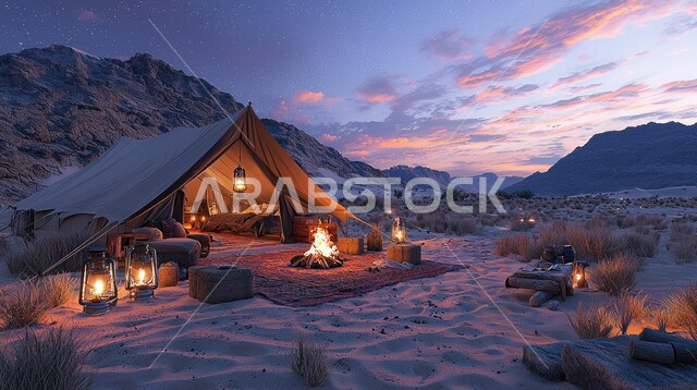 أماكن المغامرات والكشتات البرية، أجواء التخييم الشبابية الممتعه، خيام شعبية في المناطق الصحراوية، الطبيعة والرمال الذهبية الناعمة، أجواء ليلية هادئة أمام شعلى الحطب, مخيمات سياحية في صحاري المملكة العربية السعودية