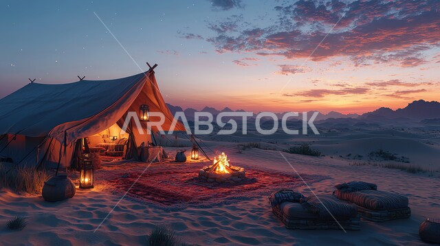 أماكن المغامرات والكشتات البرية، أجواء التخييم الشبابية الممتعه، خيام شعبية في المناطق الصحراوية، الطبيعة والرمال الذهبية الناعمة، أجواء ليلية هادئة أمام شعلى الحطب, مخيمات سياحية في صحاري المملكة العربية السعودية
