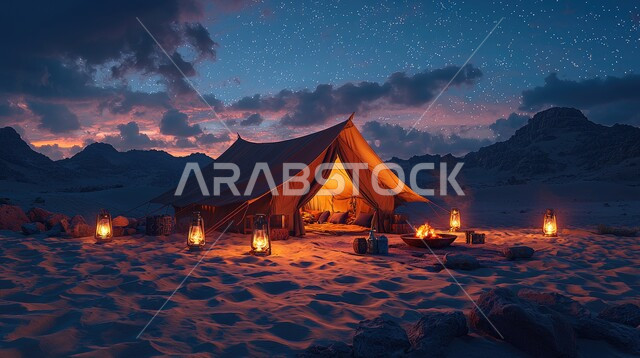 أماكن المغامرات والكشتات البرية، أجواء التخييم الشبابية الممتعه، خيام شعبية في المناطق الصحراوية، الطبيعة والرمال الذهبية الناعمة، أجواء ليلية هادئة أمام شعلى الحطب, مخيمات سياحية في صحاري المملكة العربية السعودية