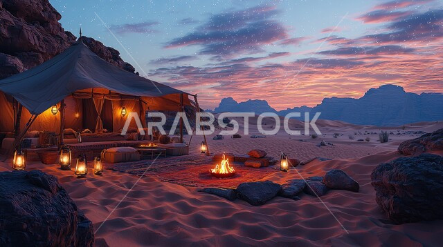 أماكن المغامرات والكشتات البرية، أجواء التخييم الشبابية الممتعه، خيام شعبية في المناطق الصحراوية، الطبيعة والرمال الذهبية الناعمة، أجواء هادئة أمام شعلى الحطب عند غروب الشمس, مخيمات سياحية في صحاري المملكة العربية السعودية