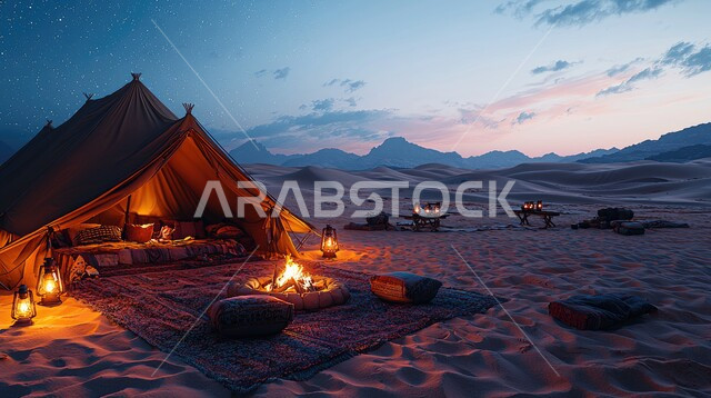 أماكن المغامرات والكشتات البرية، أجواء التخييم الشبابية الممتعه، خيام شعبية في المناطق الصحراوية، الطبيعة والرمال الذهبية الناعمة، أجواء هادئة أمام شعلى الحطب عند غروب الشمس, مخيمات سياحية في صحاري المملكة العربية السعودية