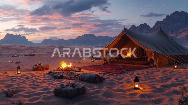 أماكن المغامرات والكشتات البرية، أجواء التخييم الشبابية الممتعه، خيام شعبية في المناطق الصحراوية، الطبيعة والرمال الذهبية الناعمة، أجواء هادئة أمام شعلى الحطب عند غروب الشمس, مخيمات سياحية في صحاري المملكة العربية السعودية
