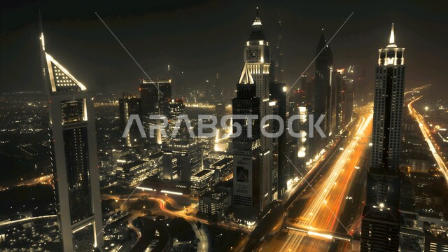 الفن الهندسي المعماري على الطراز الحديث للأبراج وناطحات السحاب في إمارة دبي في الليل، جذب واستقطاب السياح من أنحاء العالم، النمو والتطور العمراني للمباني والمنشآت السكنية والتجارية، الواجهة السياحية في الإمارات العربية المتحدة