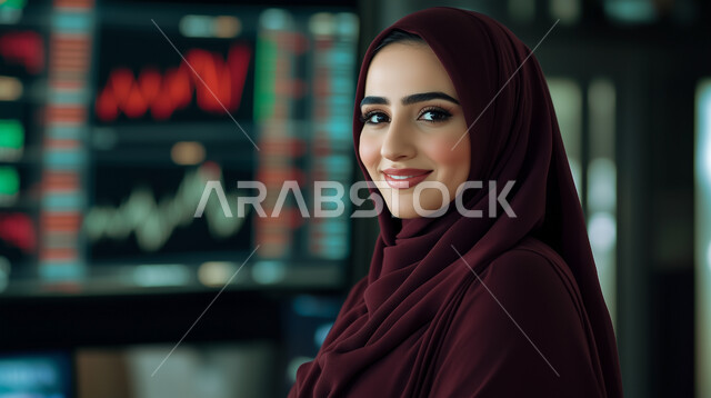  العمل في البورصة والاسواق العالمية، دمج التكنولوجيا والتقنيات المتطورة مع المجال الاقتصادي، صورة مقربة لامرأة عربية خليجية سعودية محجبة مبتسمة تنظر الى الكاميرا بتعابير السرور تقف أمام شاشة الرسومات والمخططات البيانية، الشاشات الالكترونيه المضيئة، تداول العملة الرقمية